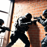 **Prompt:** A tense scene from *Rainbow Six Siege*, showing a team strategically breaching a destructible wall. Focus on the intensity of the moment, emphasizing teamwork and calculated chaos.