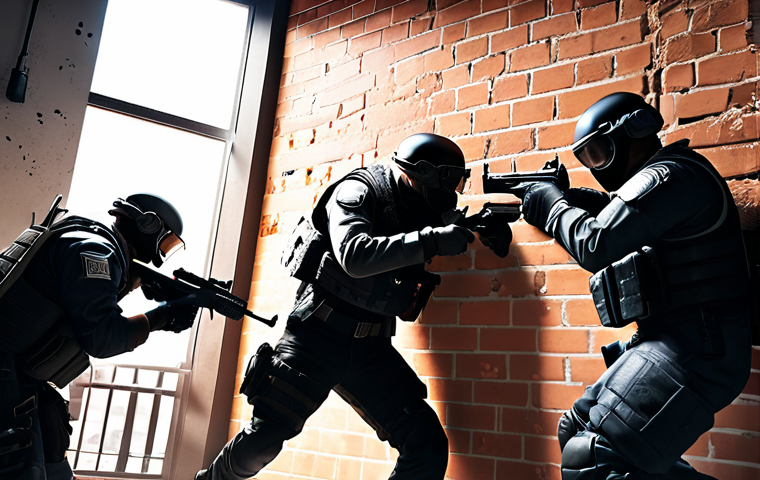 **Prompt:** A tense scene from *Rainbow Six Siege*, showing a team strategically breaching a destructible wall. Focus on the intensity of the moment, emphasizing teamwork and calculated chaos.