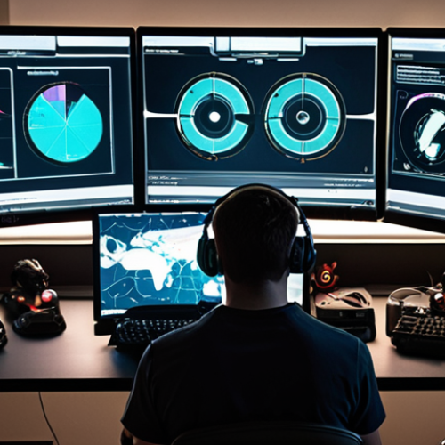 Home 23 **
A gamer intensely focused on their screen, hands flying across the keyboard and mouse. Multiple monitors display in-game weapon stats, recoil patterns, and a map overview. The scene is lit by the glow of the screens, emphasizing the dedication and analytical approach to mastering weaponry in a competitive game. Incorporate elements like weapon attachments scattered around the desk, creating a sense of experimentation and optimization.
**