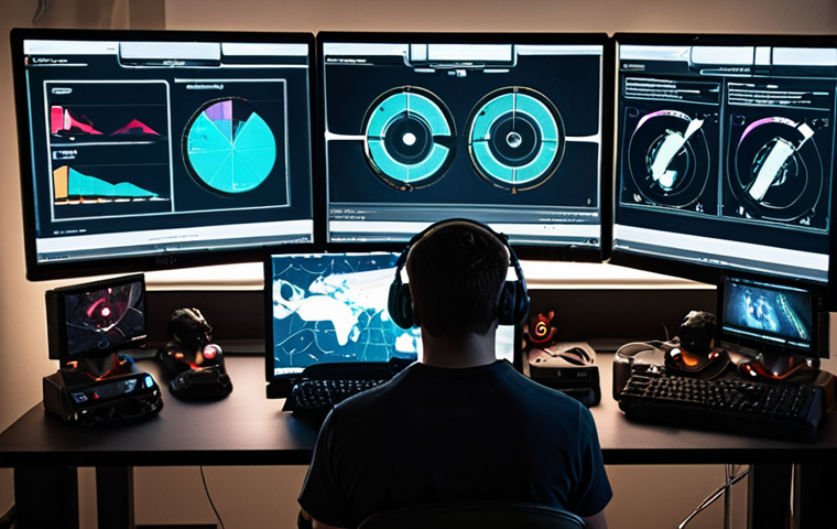 **
A gamer intensely focused on their screen, hands flying across the keyboard and mouse. Multiple monitors display in-game weapon stats, recoil patterns, and a map overview. The scene is lit by the glow of the screens, emphasizing the dedication and analytical approach to mastering weaponry in a competitive game. Incorporate elements like weapon attachments scattered around the desk, creating a sense of experimentation and optimization.
**