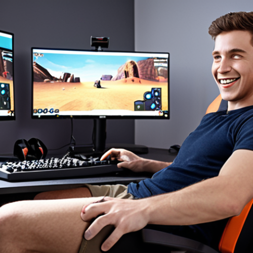 Home 22 **
"Ergonomic gaming chair with adjustable lumbar support, showcased against a backdrop of a gamer's setup. Focus on the chair's ergonomic features, highlighting how it promotes good posture. Natural lighting, realistic rendering, emphasizing comfort and health benefits. A gamer is sitting in the chair playing games with happy expression."
**