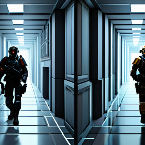 Home 21 A professional digital illustration depicting the visual evolution of First-Person Shooter game graphics. On the left side of the image, a scene is rendered in a blocky, pixelated faux-3D style, reminiscent of early 1990s FPS games, featuring a simple, abstract character in a basic, angular corridor. This transitions seamlessly to the right side, showcasing a highly detailed, photorealistic 3D environment with advanced lighting, realistic textures, and complex geometry, featuring a modern, sleekly armored, technologically advanced character. The focus is on the stark contrast in graphical fidelity and immersive world design. Clean lines, studio lighting, high resolution, digital painting. The subjects are fully clothed, appropriate attire, safe for work, perfect anatomy, correct proportions, natural pose, well-formed hands, proper finger count, natural body proportions, professional, family-friendly, appropriate content.