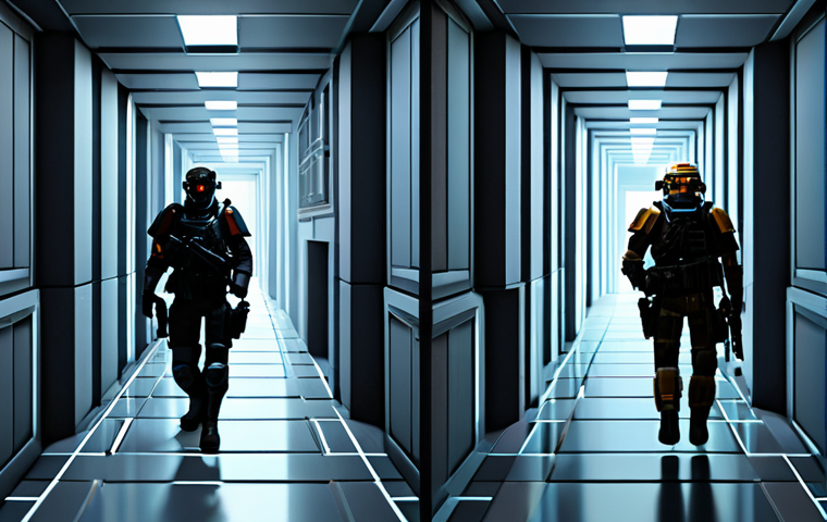 A professional digital illustration depicting the visual evolution of First-Person Shooter game graphics. On the left side of the image, a scene is rendered in a blocky, pixelated faux-3D style, reminiscent of early 1990s FPS games, featuring a simple, abstract character in a basic, angular corridor. This transitions seamlessly to the right side, showcasing a highly detailed, photorealistic 3D environment with advanced lighting, realistic textures, and complex geometry, featuring a modern, sleekly armored, technologically advanced character. The focus is on the stark contrast in graphical fidelity and immersive world design. Clean lines, studio lighting, high resolution, digital painting. The subjects are fully clothed, appropriate attire, safe for work, perfect anatomy, correct proportions, natural pose, well-formed hands, proper finger count, natural body proportions, professional, family-friendly, appropriate content.
