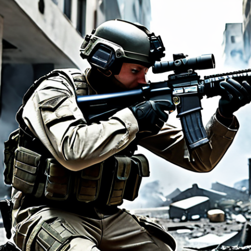 Home 10 Immersive FPS Action**
"A fully clothed soldier in modern military gear, firing an M4A1 rifle in a war-torn urban environment, debris and smoke filling the air, realistic sound waves emanating from the weapon, dynamic lighting, appropriate attire, safe for work, perfect anatomy, natural proportions, professional digital art, high quality, family-friendly."
**