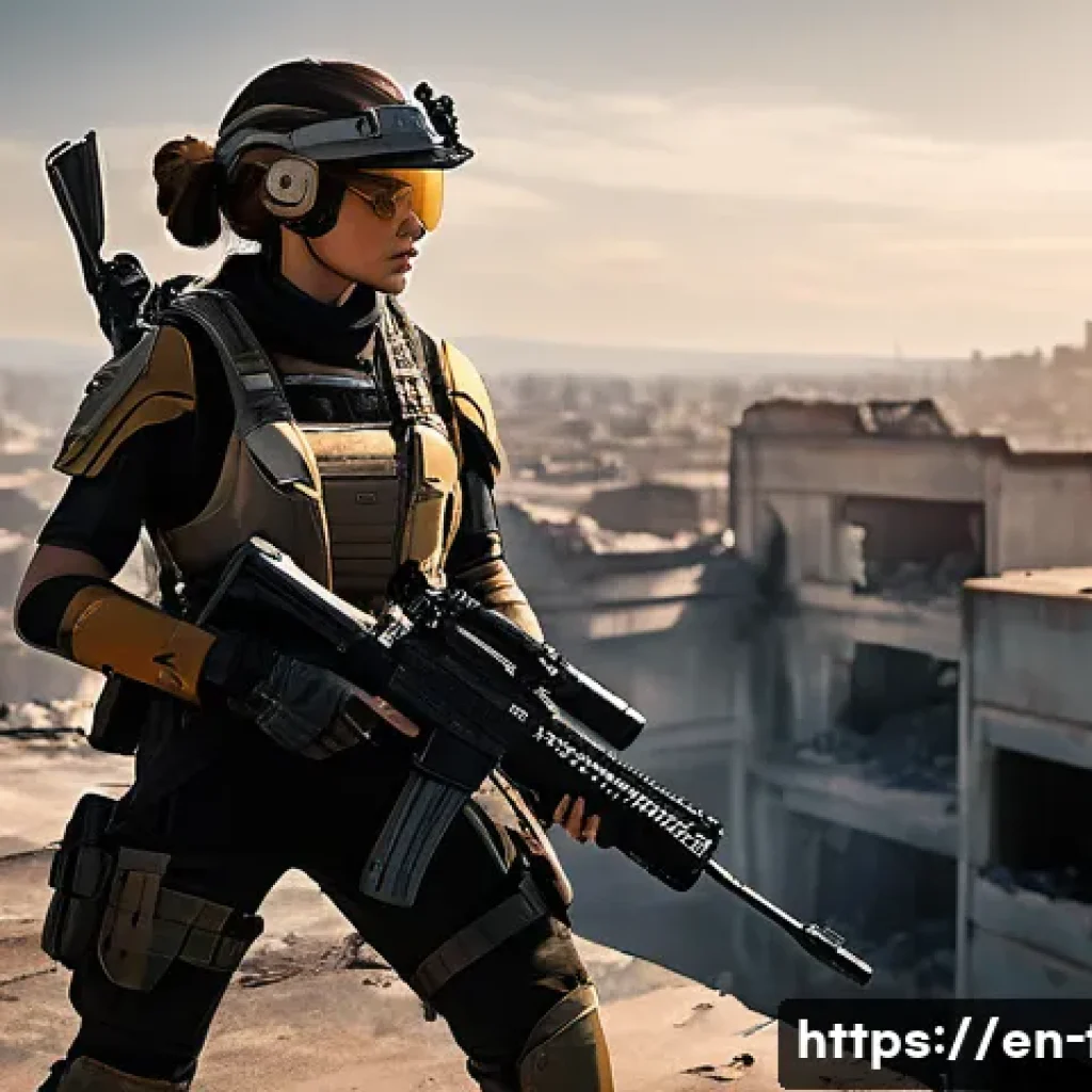 인기 FPS 게임별 맵 공략법 - **Prompt 1: High Ground Dominance in a Warzone**
    "A highly skilled female FPS player, clad in mo...