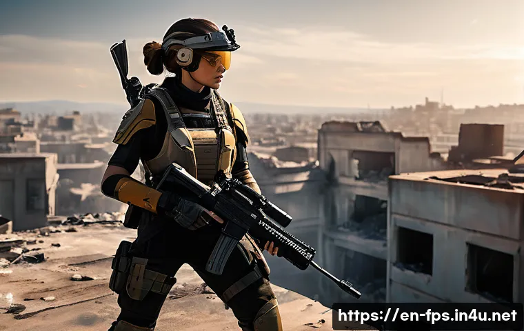 인기 FPS 게임별 맵 공략법 - **Prompt 1: High Ground Dominance in a Warzone**
    "A highly skilled female FPS player, clad in mo...