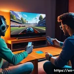 로컬 멀티플레이 지원 FPS 게임 - A vibrant living room scene showing four diverse friends enthusiastically playing a local multiplaye...
