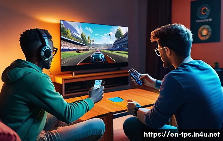 로컬 멀티플레이 지원 FPS 게임 - A vibrant living room scene showing four diverse friends enthusiastically playing a local multiplaye...