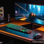 FPS 관련 하드웨어 모니터 마우스 키보드 추천 - A high-tech gaming setup featuring a sleek 24-inch 144Hz monitor displaying a fast-paced first-perso...