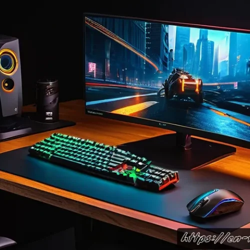 FPS 관련 하드웨어 모니터 마우스 키보드 추천 - A high-tech gaming setup featuring a sleek 24-inch 144Hz monitor displaying a fast-paced first-perso...