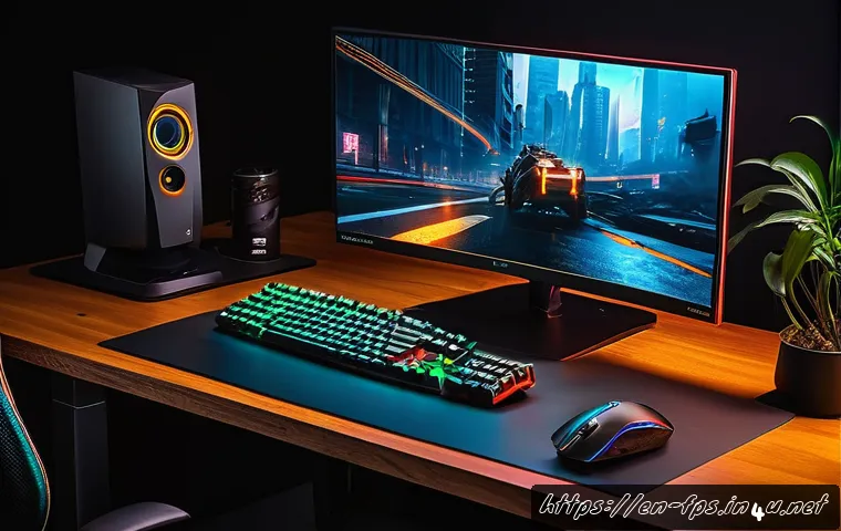 FPS 관련 하드웨어 모니터 마우스 키보드 추천 - A high-tech gaming setup featuring a sleek 24-inch 144Hz monitor displaying a fast-paced first-perso...
