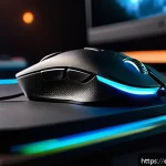 FPS 속도 조작을 위한 DPI 설정 - A close-up digital illustration of a professional gamer&rsquo;s hand gripping a sleek, modern gaming mouse...