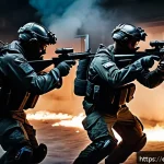 최고의 FPS 게임 명장면 모음 - A highly detailed scene of a tactical FPS team executing a coordinated breach and clear inside an ur...