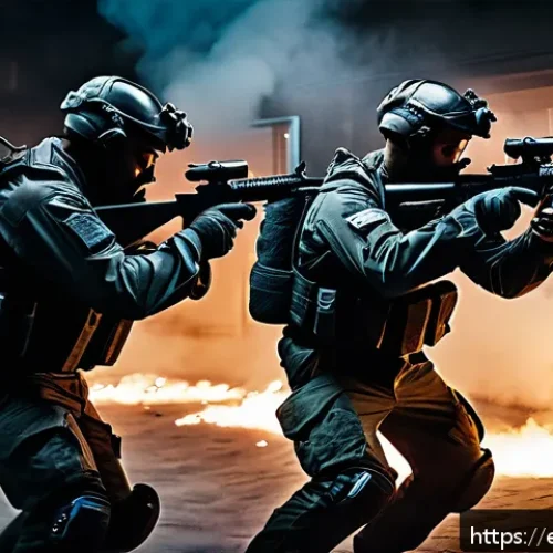 최고의 FPS 게임 명장면 모음 - A highly detailed scene of a tactical FPS team executing a coordinated breach and clear inside an ur...