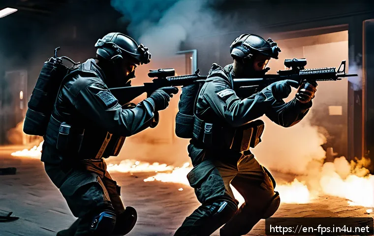 최고의 FPS 게임 명장면 모음 - A highly detailed scene of a tactical FPS team executing a coordinated breach and clear inside an ur...